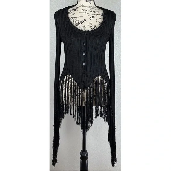 Moschino Black Ribbed Cardigan Sweater long Fringed Sleeve Asymmetrical hem 4 US